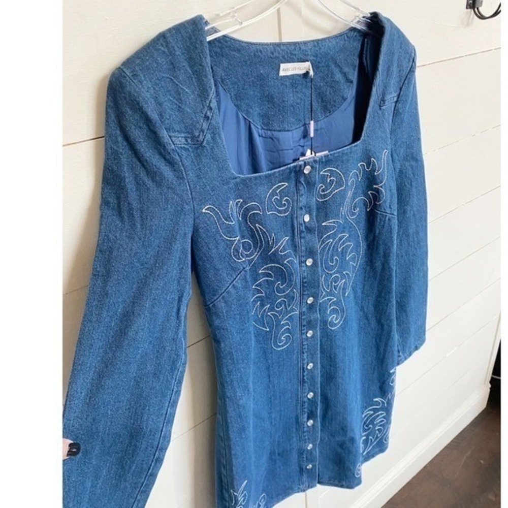 Western Embroidery Avec LesFilles Long Sleeve Denim Minidress PROVENCE WSH 6 NWT - Picture 13 of 14